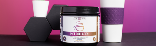 Zhou Nutrition MCT Collagen Peptide Powder next to coffee cup and plant 