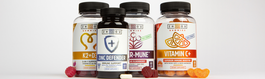 K2+D3 , Zinc Defender, Elder-Mune, Vitamin C+ bottles