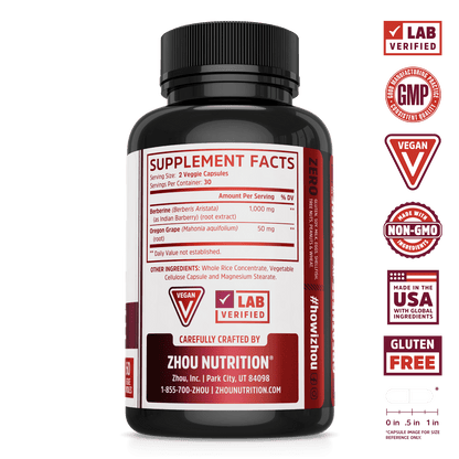 Zhou Nutrition Berberine with Oregon Grape supplement. Bottle side. Lab verified, good manufacturing practices, vegan, made with non-GMO ingredients, made in the USA with global ingredients, gluten free.