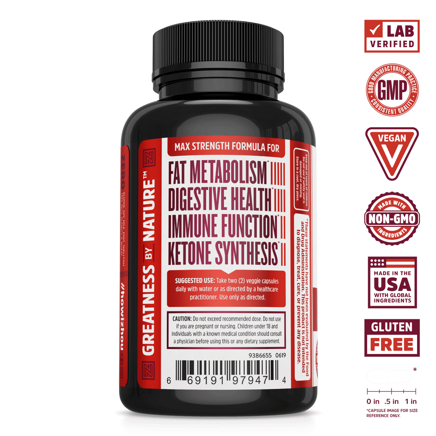 Zhou Nutrition Berberine with Oregon Grape supplement. Bottle side. Lab verified, good manufacturing practices, vegan, made with non-GMO ingredients, made in the USA with global ingredients, gluten free.