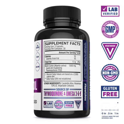 Non-GMO Black Seed Oil Capsules From Zhou Nutrition. Bottle side. Lab verified, good manufacturing practices, vegetarian, made with non-GMO ingredients, gluten free.