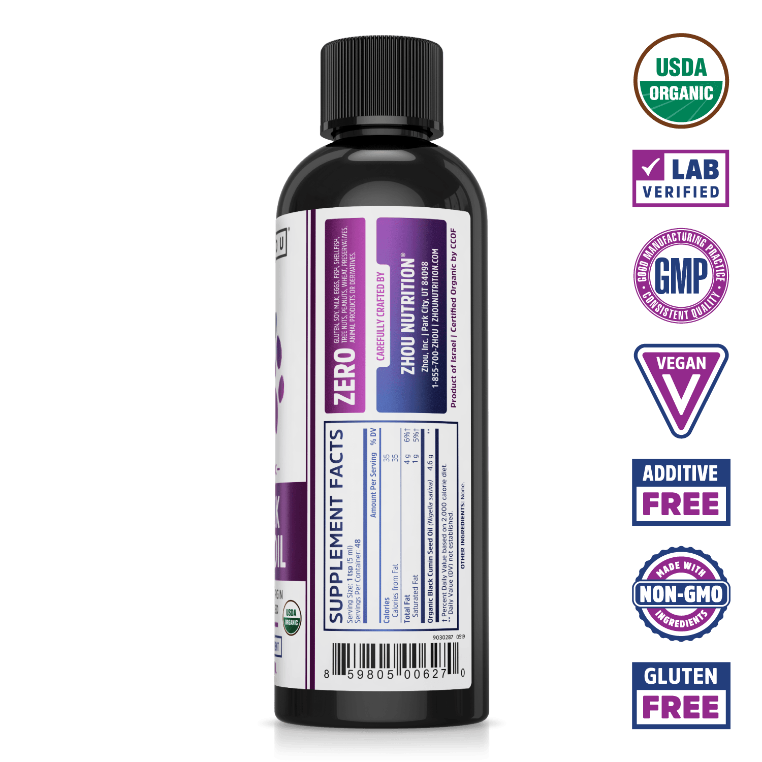 Organic, Cold-Pressed Black Seed Oil From Zhou Nutrition. Bottle side. USDA organic, lab verified, good manufacturing practices, vegan, additive free, made with non-GMO ingredients, gluten free.