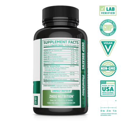 Zhou Nutrition Calm Now Supplement For Stress. Bottle side. Lab verified, good manufacturing practices, vegan, made with non-GMO ingredients, made in the USA with global ingredients.