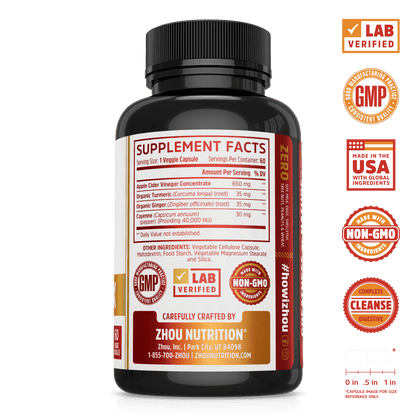 Cider Detox ACV Supplement from Zhou Nutrition. Lab verified, good manufacturing practices, made in the USA, made with non-GMO ingredients, complete digestive cleanse.