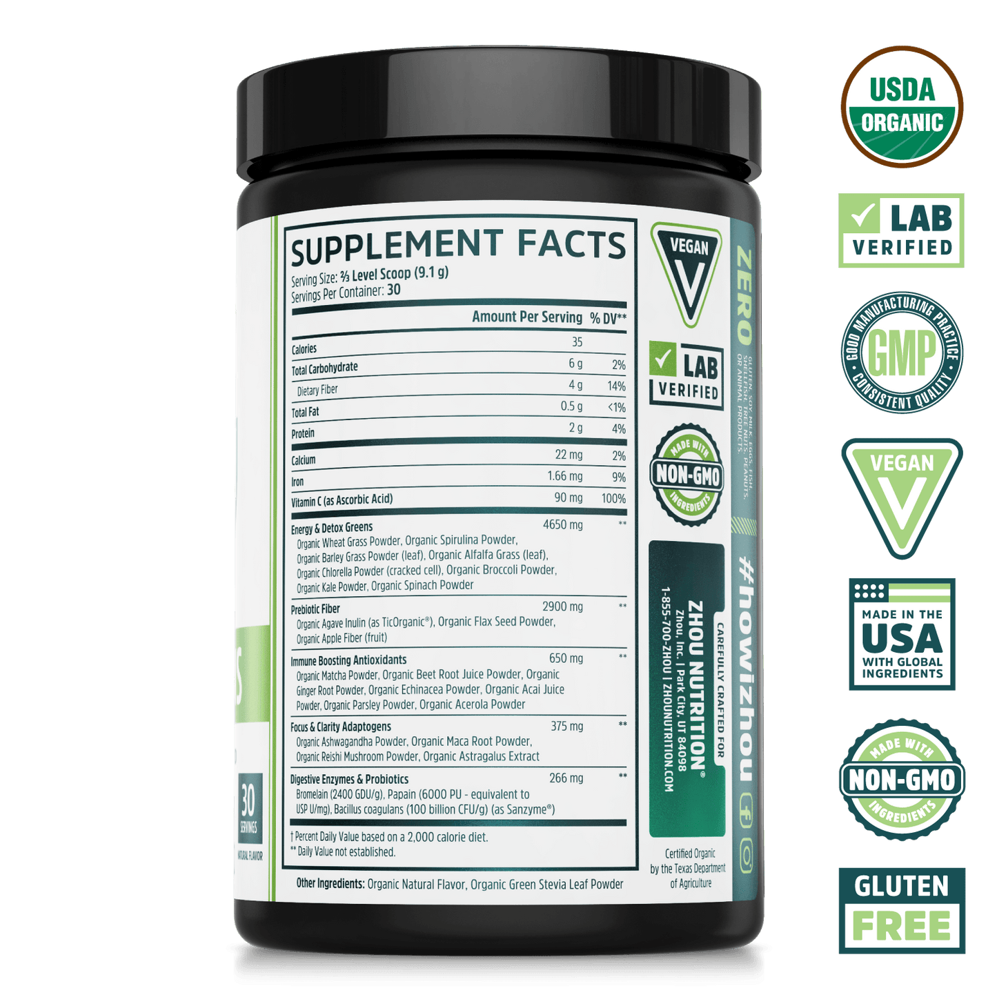 Zhou Nutrition Deep Greens Organic Superfood Powder for Daily Detox, Energy & Gut Health. Bottle side. USDA organic, lab verified, good manufacturing practices, vegan, made in the USA with global ingredients, made with non-GMO ingredients, gluten free.