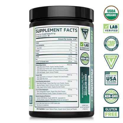 Zhou Nutrition Deep Greens Organic Superfood Powder for Daily Detox, Energy & Gut Health. Bottle side. USDA organic, lab verified, good manufacturing practices, vegan, made in the USA with global ingredients, made with non-GMO ingredients, gluten free.
