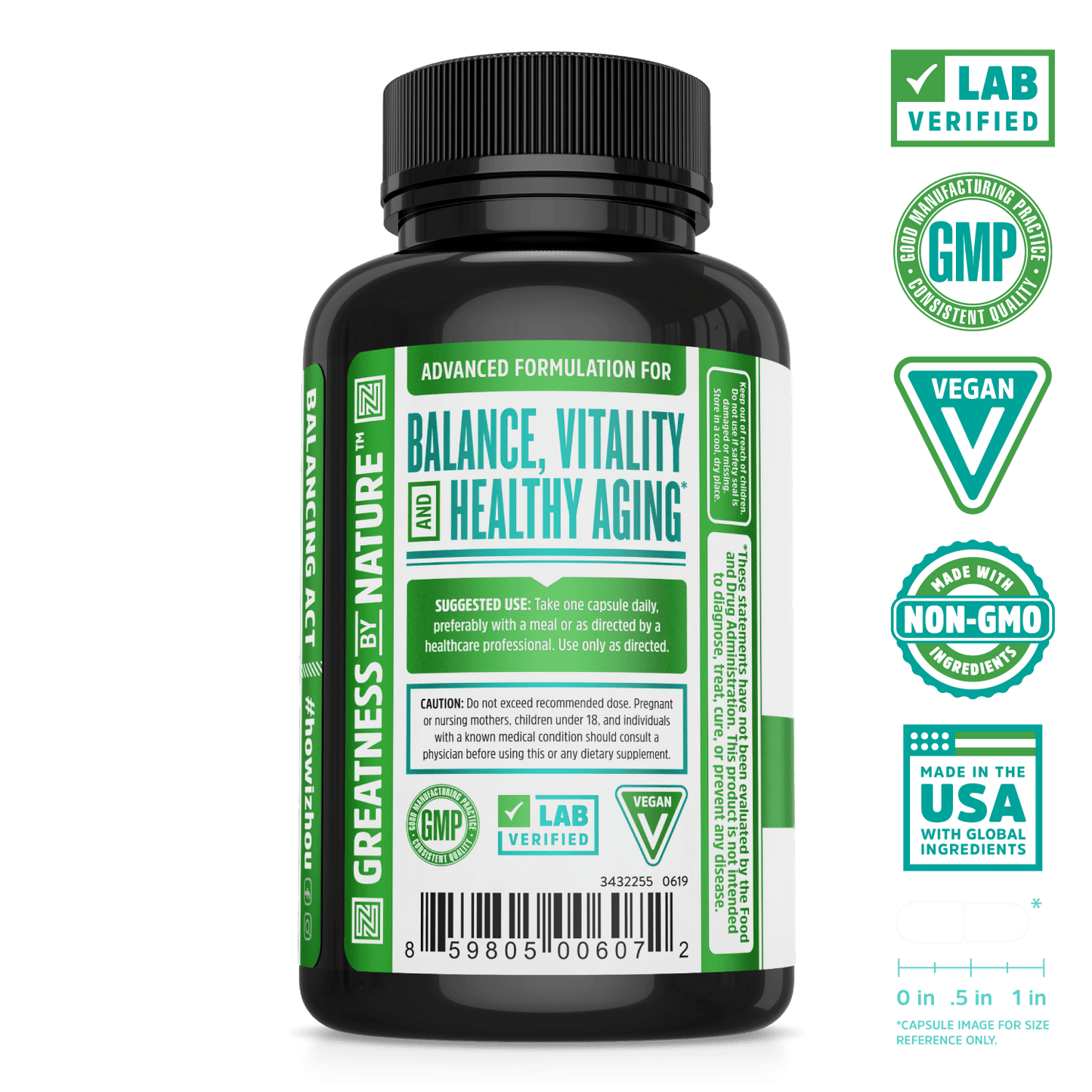 Hormonal Balance Complex with activated broccoli extract from Zhou Nutrition. Bottle side. Lab verified, good manufacturing practices, vegan, made with non-GMO ingredients, made in the USA with global ingredients.