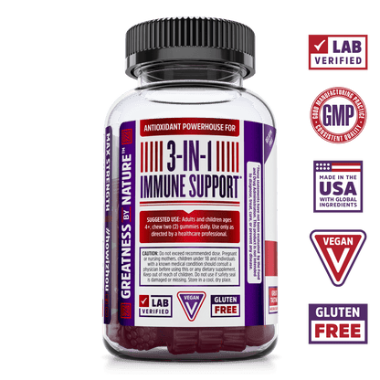 Max Strength Elderberry Gummies from Zhou Nutrition. Bottle side. Lab verified, good manufacturing practices, made in the USA with global ingredients, vegan, gluten free.