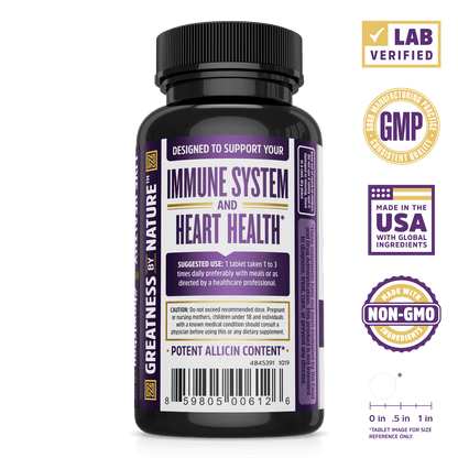 Extra Strength Garlic with Allicin from Zhou Nutrition. Lab verified, good manufacturing practices, made in the USA with global ingredients, made with non-GMO ingredients