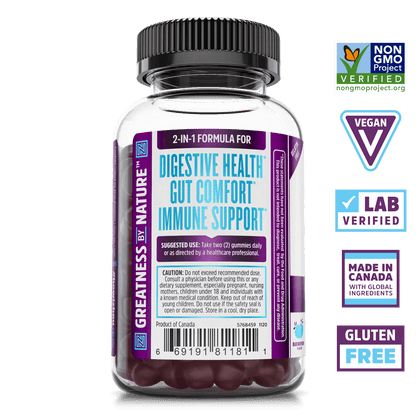 Zhou Nutrition Gut Guru gummies supplement. Non-GMO project verified, vegan, lab verified, made in Canada with global ingredients, gluten free.