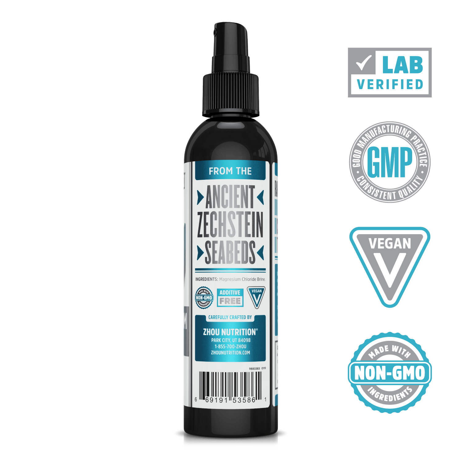 Zhou Nutrition Magnesium Oil Spray. Lab verified, good manufacturing practices, vegan, made with non-GMO ingredients