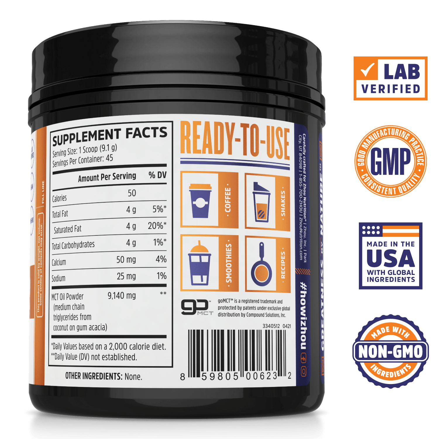 Zhou Nutrition MCT Powder Ketogenic Fuel. Lab verified, good manufacturing practices, made in the USA with global ingredients, made with non-GMO ingredients