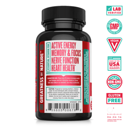 Methyl B-12 sublingual tablet for energy from Zhou Nutrition. Lab verified, good manufacturing practices, vegan, made in USA with global ingredients, made with non-GMO ingredients, gluten free.