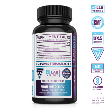 S. Boulardii Probiotic for Gut Health. Lab verified, good manufacturing practices, made in the USA with global ingredients, vegan, no refrigeration needed, 8 billion per capsule