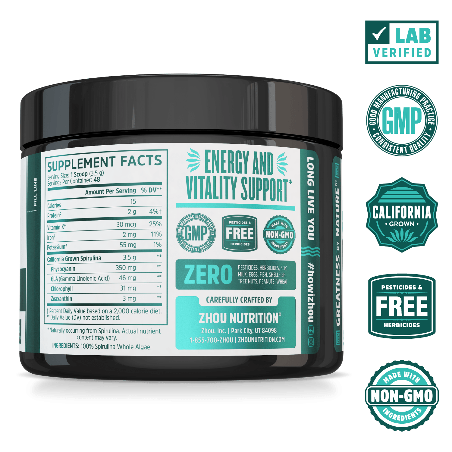 Zhou Nutrition California Spirulina Powder. Lab verified, good manufacturing practices, california grown, pesticides & herbicides free, made with non-GMO ingredients