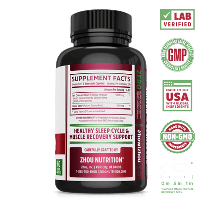 Zhou Nutrition Tart Cherry Extract Capsules.  Bottle side. Lab verified, good manufacturing practices, made in the USA with global ingredients, made with non-GMO ingredients.