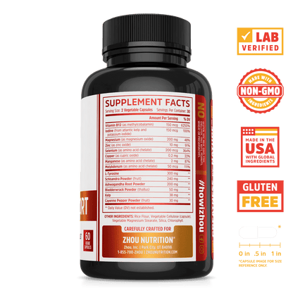 Zhou Nutrition Thyroid Support Complex. Bottle side. Lab verified, made with non-GMO ingredients, made in the USA with global ingredients, gluten free.