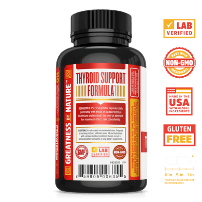 Zhou Nutrition Thyroid Support for Energy. Bottle side. Lab verified, made with non-GMO ingredients, made in the USA with global ingredients, gluten free.