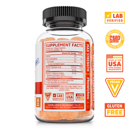 Zhou Nutrition Max Strength Vitamin C+ Gummies. Bottle side. Lab verified, good manufacturing practices, made in the USA with global ingredients, vegan, gluten free.