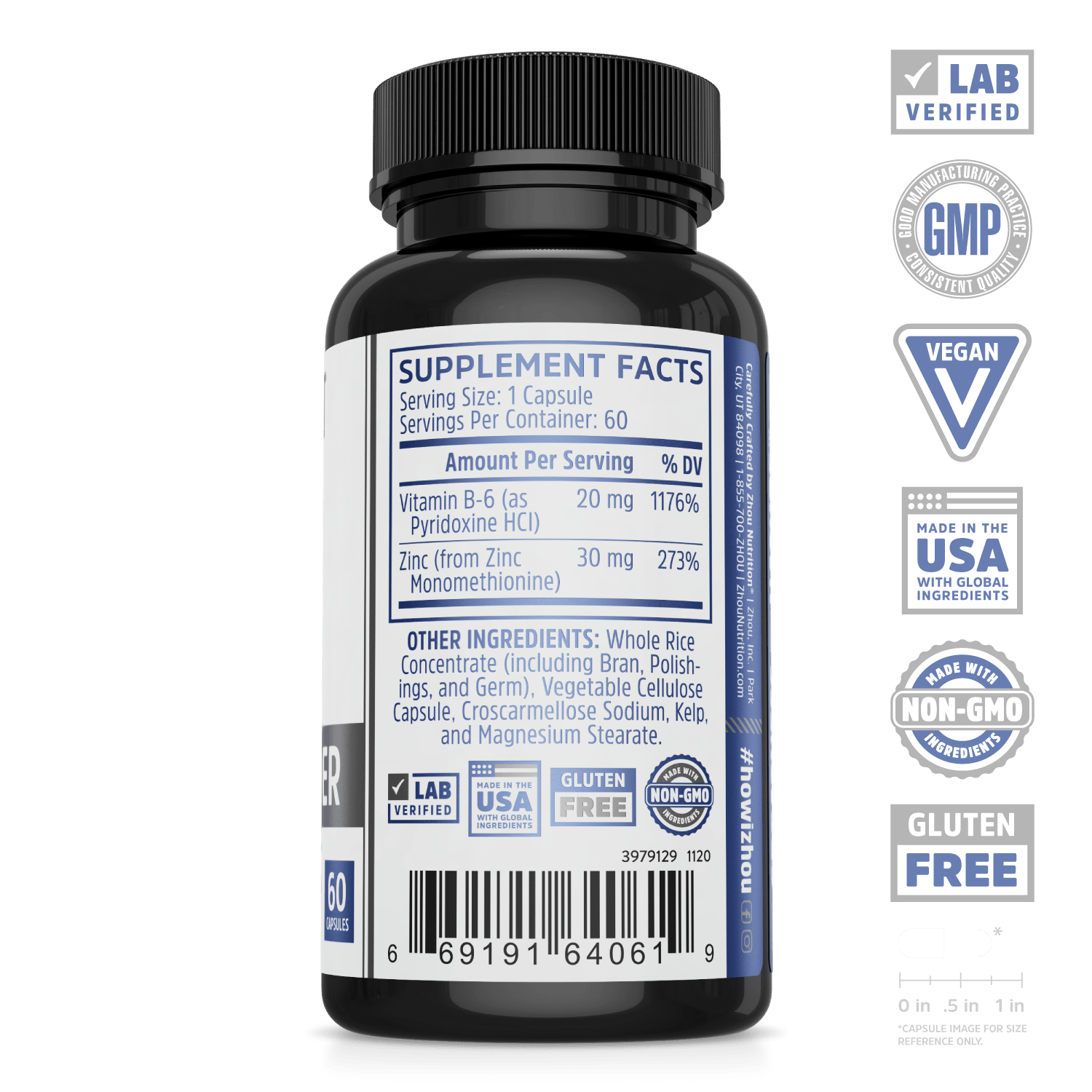 Zinc Defender supplement from zhou nutrition. Lab verified, GMP, vegan, made in the USA with global ingredients, made with non-GMO ingredients, gluten free.