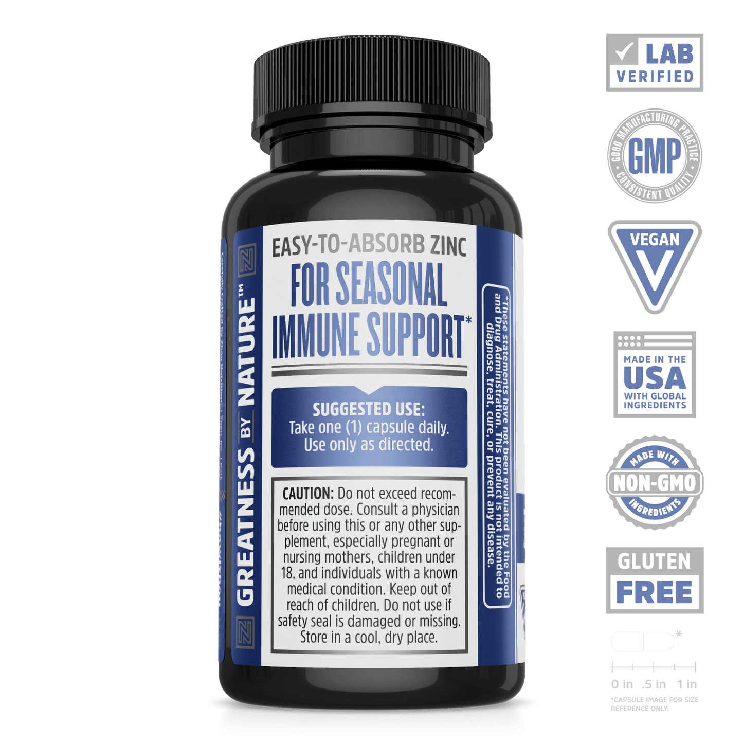 Zinc Defender supplement from zhou nutrition. Lab verified, GMP, vegan, made in the USA with global ingredients, made with non-GMO ingredients, gluten free. Easy to absorb zinc for seasonal immune support.