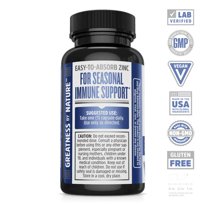 Zinc Defender supplement from zhou nutrition. Lab verified, GMP, vegan, made in the USA with global ingredients, made with non-GMO ingredients, gluten free. Easy to absorb zinc for seasonal immune support.